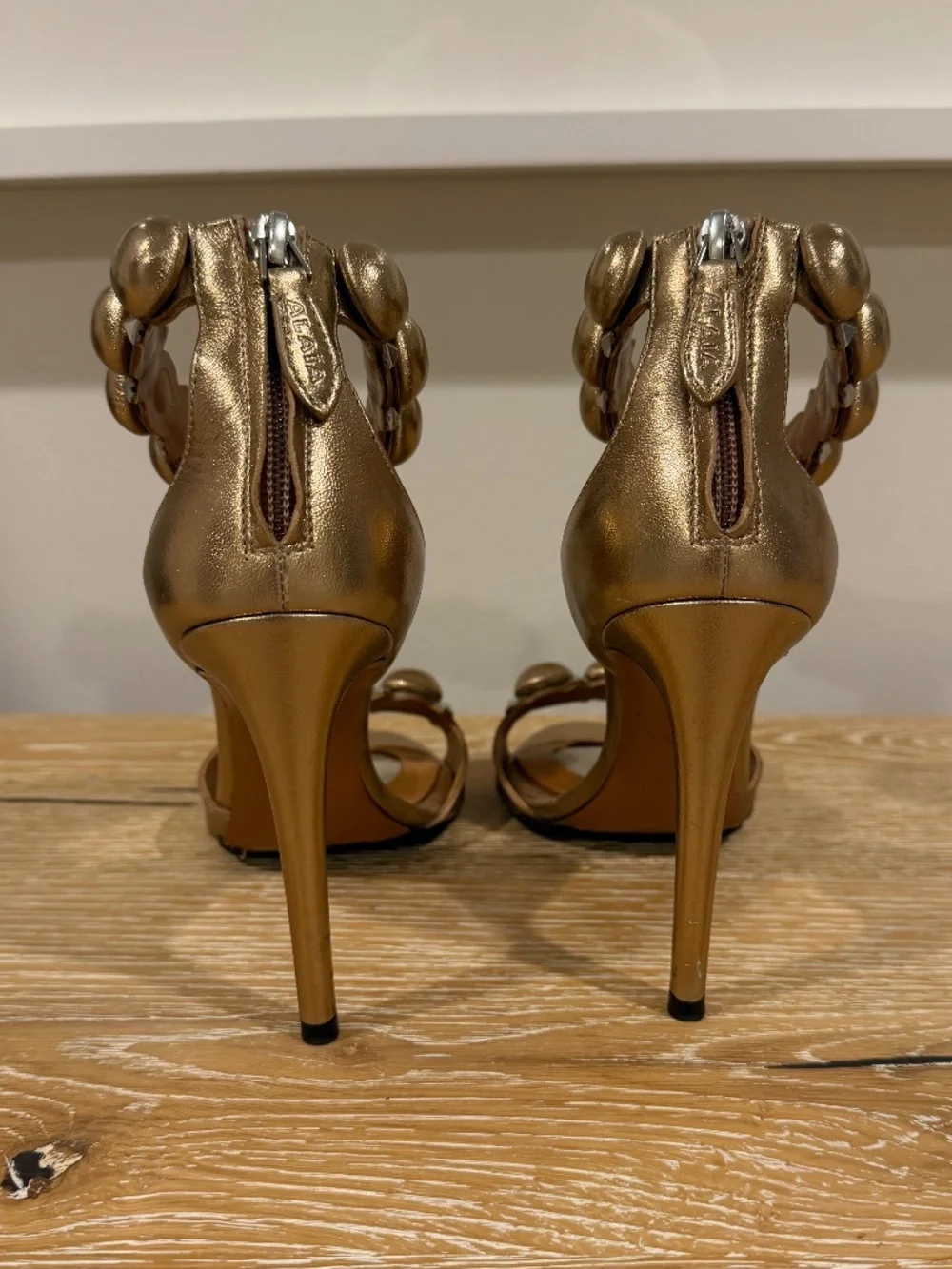 Alaia Sandals Metallic Bronze Leather Bombe Ankle Strap Size 38